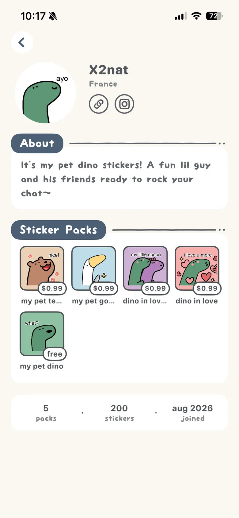 An artist page in the app, with the artist's name, location, links, and their sticker packs