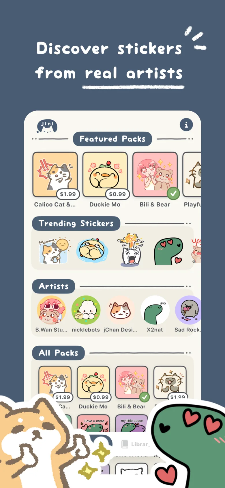 The jini stickerbook home screen: Discover stickers from real artists