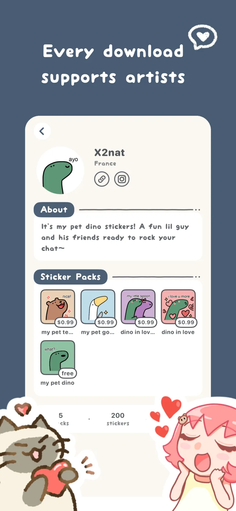 Every download supports artists: an artist page with sticker packs