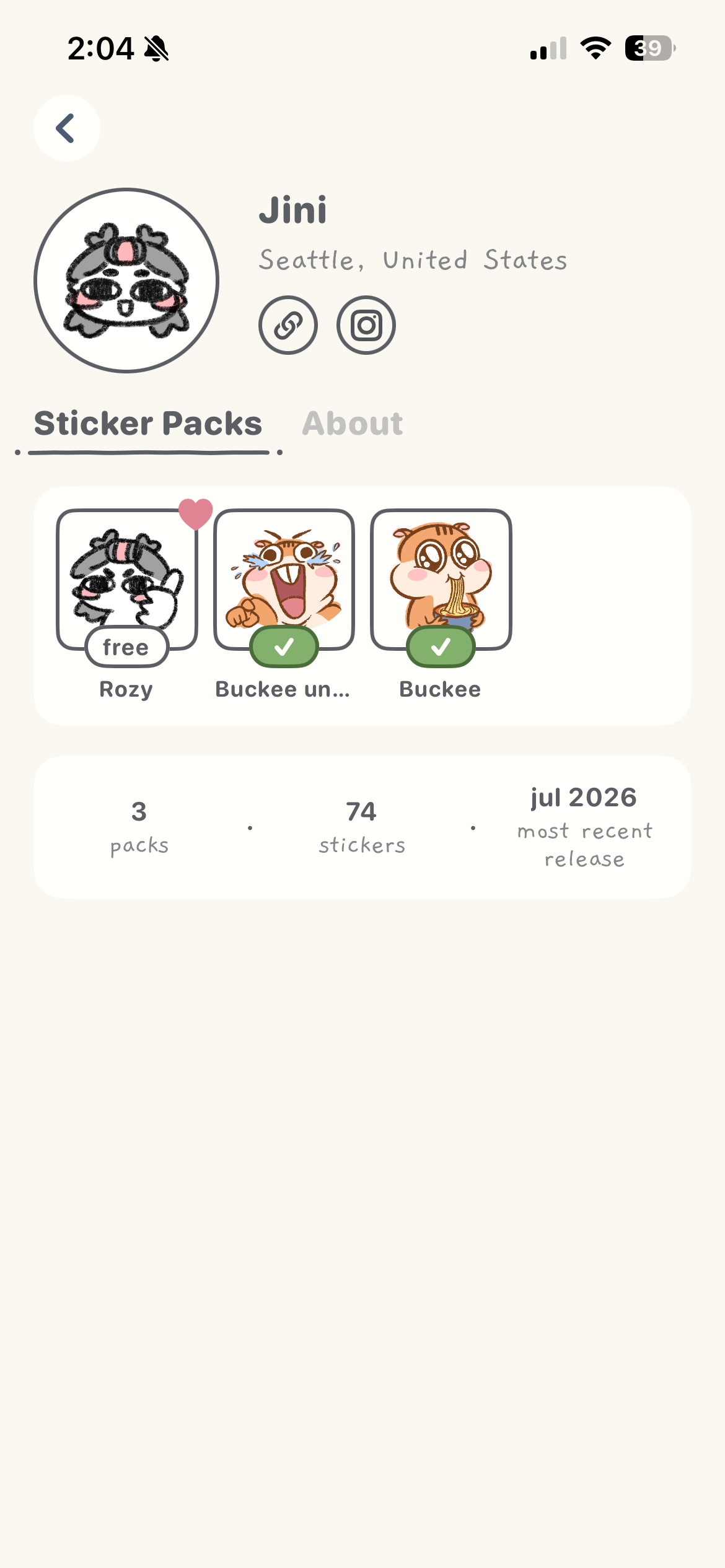 An artist page in the app, with the artist's name, location, links, and their sticker packs