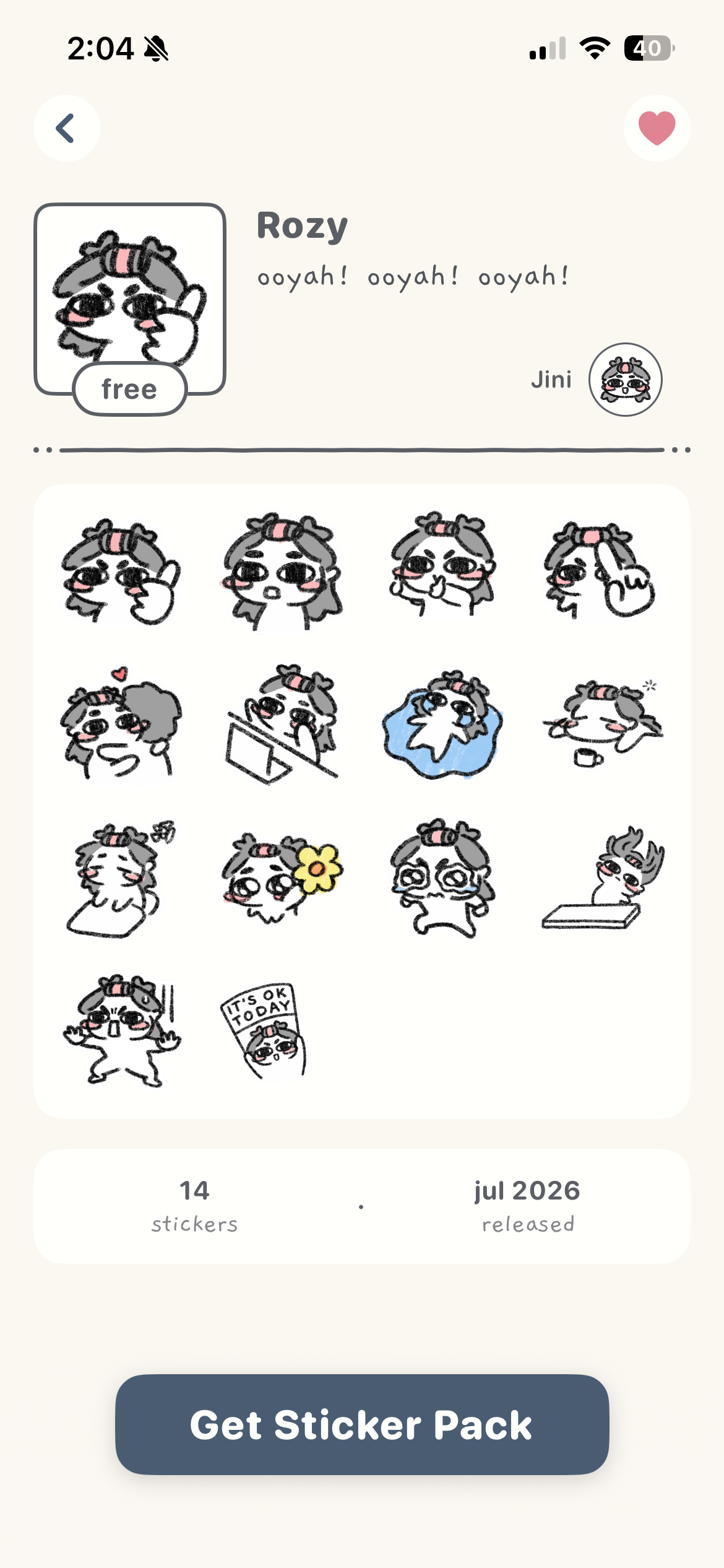A sticker pack listing in the jini stickerbook app, showing the artist's name and a grid of their stickers