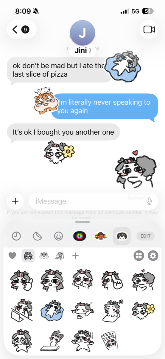 An iMessage conversation with stickers sent alongside the messages, and the sticker drawer open below