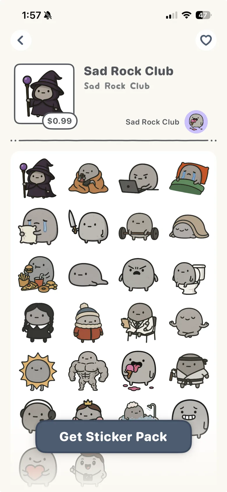 A sticker pack listing in the jini stickerbook app, showing the artist's name and a grid of their stickers